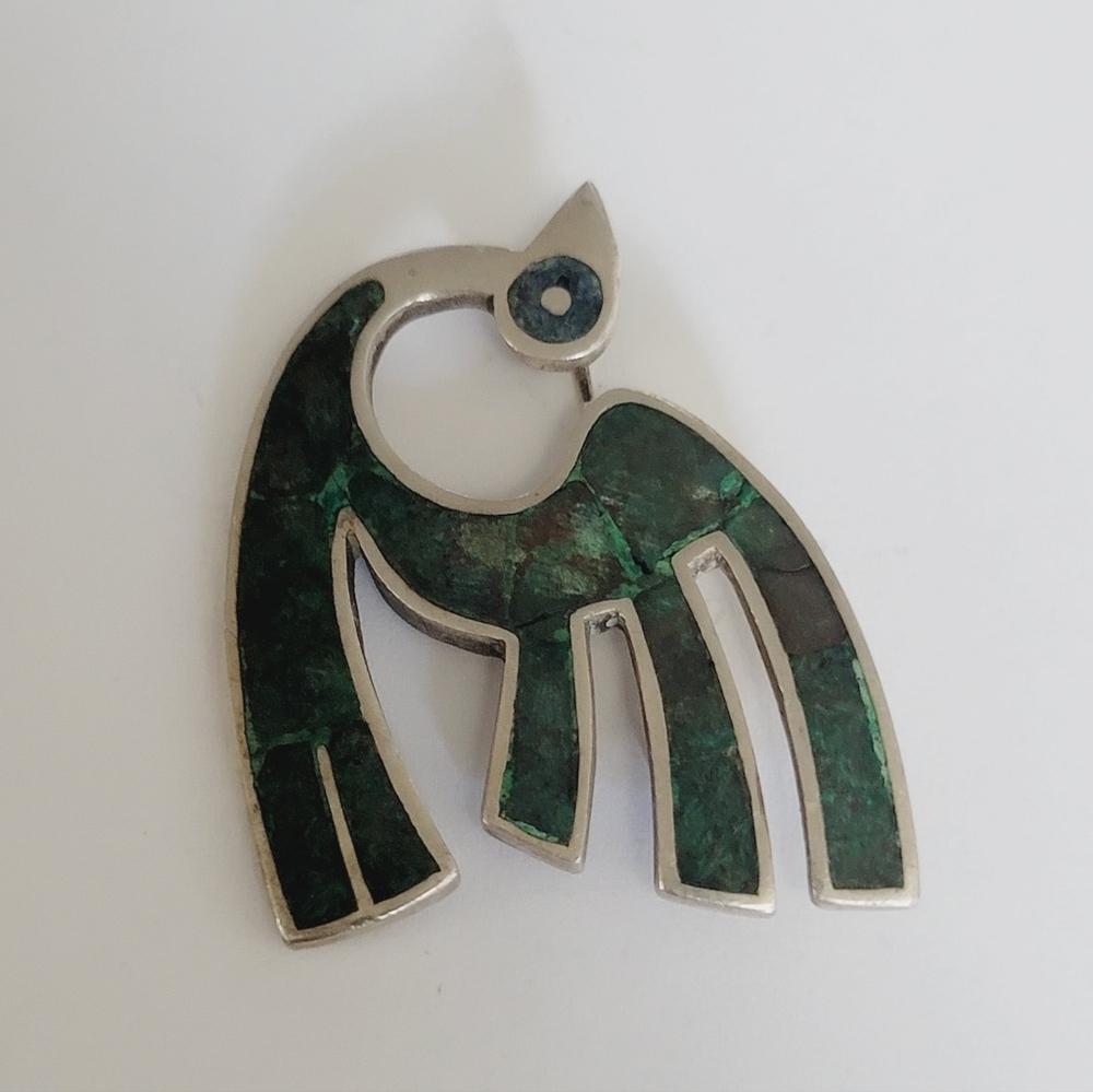 Los Castillo Mosaic Taxco Sterling Silver Bird Brooch